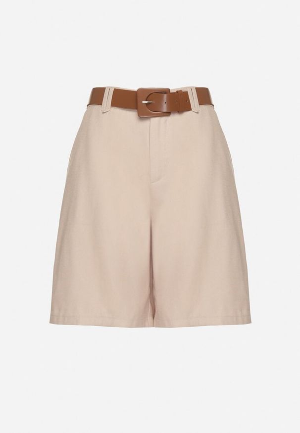 Born2be - Beżowe Eleganckie Szorty z Wiskozą z Dodatkowym Paskiem z Klamrą Aranielle. Okazja: na co dzień, na spotkanie biznesowe. Stan: podwyższony. Kolor: beżowy. Materiał: wiskoza. Styl: elegancki