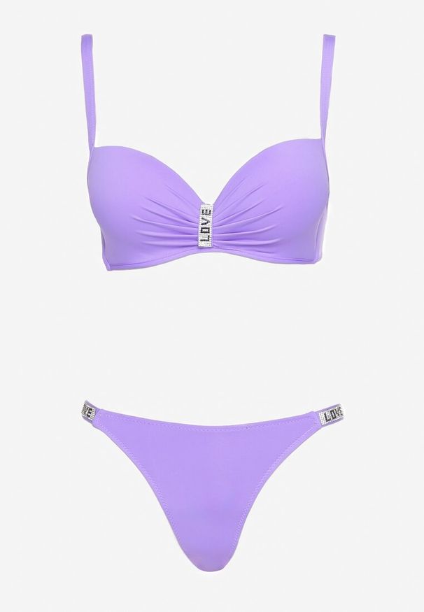 Born2be - Fioletowe Bikini z Usztywnianym Biustonoszem z Regulowanymi Ramiączkami Zdobione Cyrkoniami Sloella. Kolor: fioletowy. Długość: długie. Wzór: aplikacja