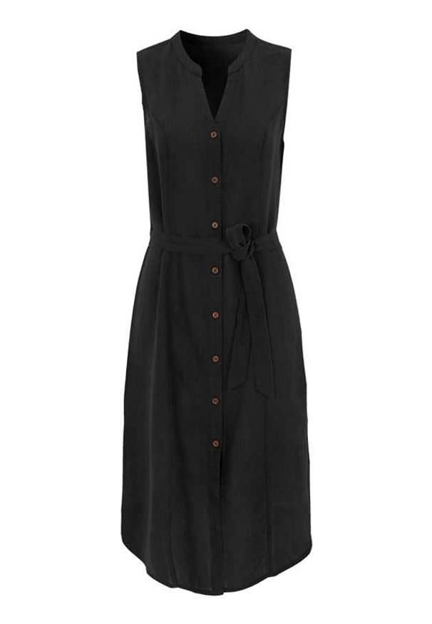 Cellbes Lniana sukienka z drewnianymi guzikami Czarny female czarny 62/64. Typ kołnierza: kołnierzyk stójkowy, dekolt w serek. Kolor: czarny. Materiał: len