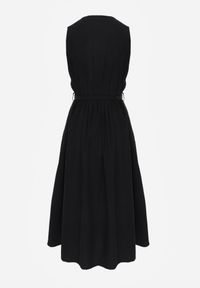 Renee - Czarna Rozkloszowana Sukienka z Bawełną i Wiskozą Ozdobiona Paskiem Amalis. Kolor: czarny. Materiał: wiskoza, bawełna. Wzór: aplikacja. Typ sukienki: rozkloszowane. Styl: elegancki #3