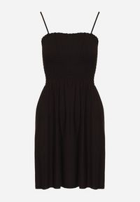 Born2be - Czarna Bawełniana Sukienka na Ramiączkach z Marszczonym Dekoltem Krisele. Okazja: na co dzień, na randkę, na spacer. Kolor: czarny. Materiał: bawełna. Długość rękawa: na ramiączkach. Sezon: lato. Typ sukienki: proste. Styl: casual #4