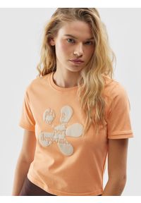 4f - T-shirt z bawełny organicznej damski. Kolor: pomarańczowy. Materiał: bawełna. Wzór: nadruk #1