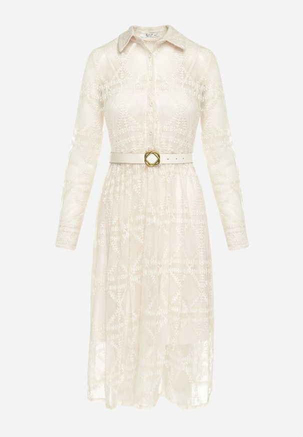 Born2be - Jasnobeżowa Rozkloszowana Sukienka Midi z Haftowanej Tkaniny Abdiela. Kolor: beżowy. Materiał: tkanina. Długość rękawa: na ramiączkach. Wzór: haft. Długość: midi