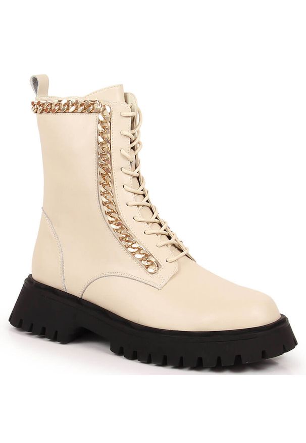 Skórzane botki damskie z łańcuszkiem ocieplane beżowe Artiker. Kolor: beżowy. Materiał: skóra