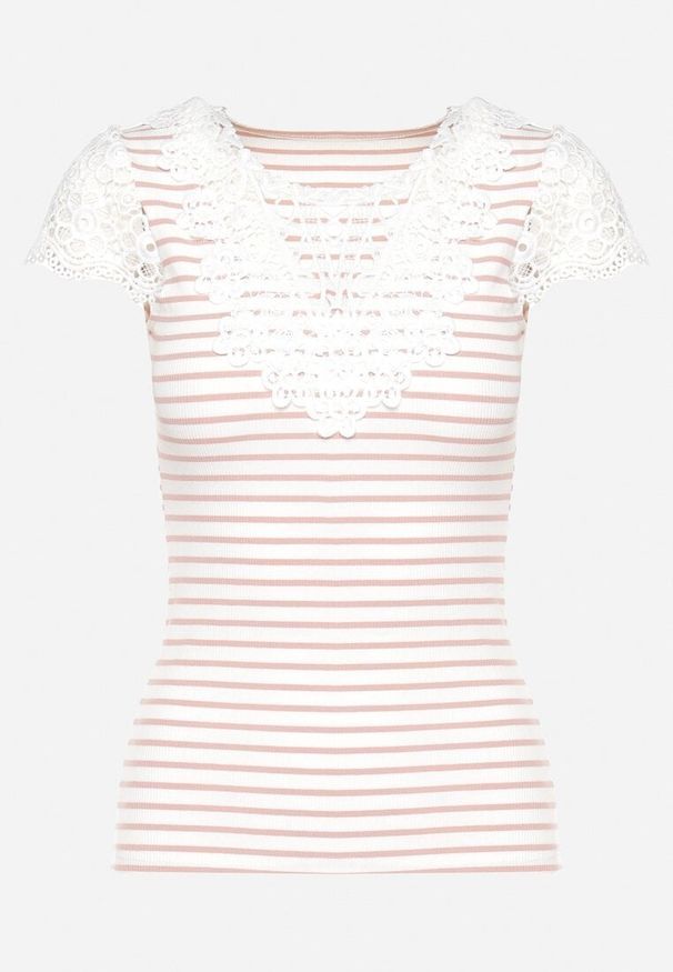 Born2be - Różowo-Biały Bawełniany T-shirt z Prążkowanej Dzianiny Ozdobiony Koronką Liasilo. Okazja: na co dzień. Kolor: różowy. Materiał: dzianina, bawełna, prążkowany, koronka. Wzór: aplikacja, koronka. Styl: casual, elegancki