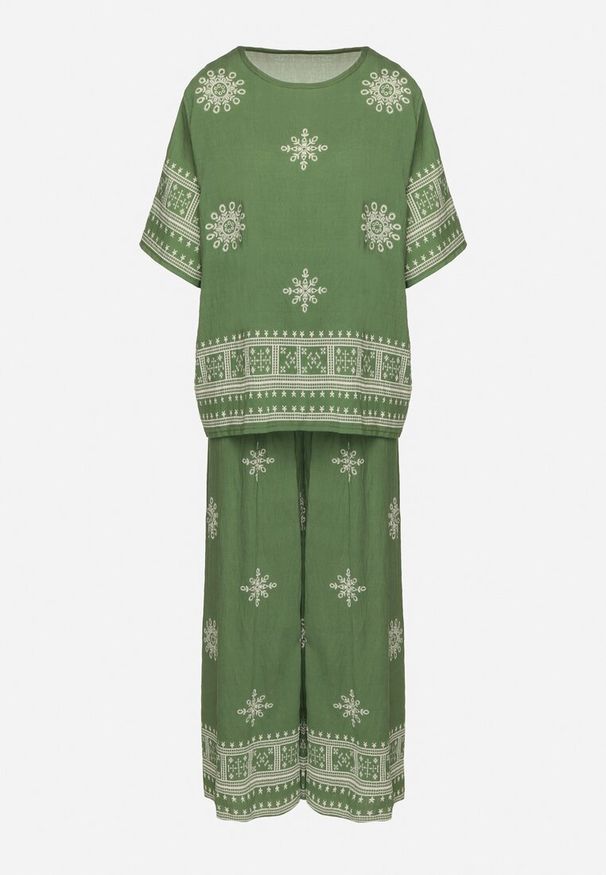 Born2be - Ciemnozielony Wiskozowy Komplet w Stylu Boho z Haftem T-shirt i Szerokie Spodnie Zevanya. Kolor: zielony. Materiał: wiskoza. Wzór: haft