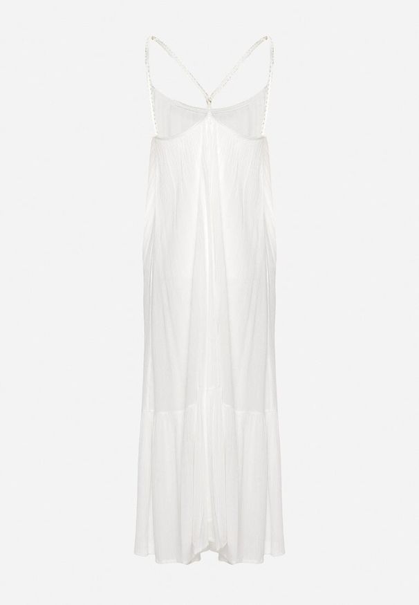 Born2be - Biała Wiskozowa Sukienka z Ramiączkami Zdobiona Cekinami i Metaliczną Nitką Comalara. Okazja: na imprezę, na co dzień. Typ kołnierza: dekolt w serek. Kolor: biały. Materiał: wiskoza. Długość rękawa: na ramiączkach. Wzór: aplikacja. Styl: casual