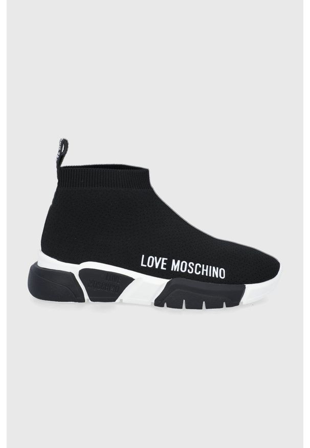 Love Moschino Buty kolor czarny na platformie. Nosek buta: okrągły. Kolor: czarny. Materiał: guma. Szerokość cholewki: normalna. Obcas: na platformie