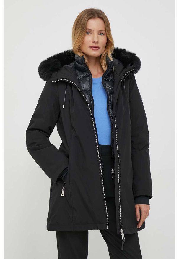 DKNY - Dkny kurtka damska kolor czarny przejściowa. Kolor: czarny. Materiał: polar, futro, włókno