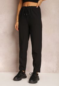 Renee - Czarne Spodnie Regular z Gumką w Pasie Amame. Kolor: czarny. Wzór: jednolity, aplikacja, gładki #3