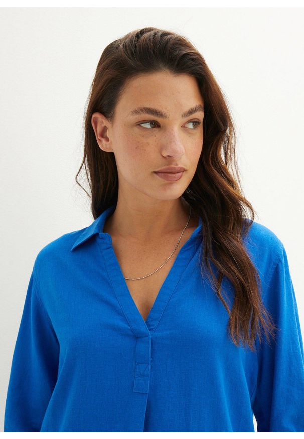 bonprix - Bluzka lniana, rękawy 3/4. Kolor: niebieski. Materiał: len