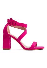 Shelvt Zamszowe różowe sandały damskie na słupku. Kolor: różowy. Materiał: zamsz. Obcas: na słupku