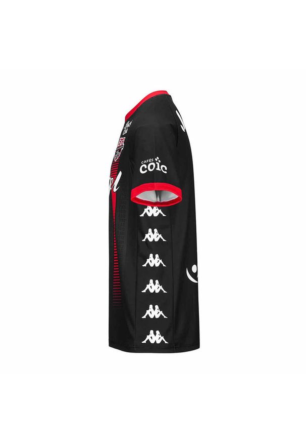 Kappa - Trzeci strój dziecięcy EA Guingamp Guillo 2024/25. Kolor: czarny, czerwony, wielokolorowy. Sport: piłka nożna