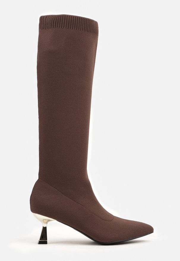 Renee - Brązowe Kozaki Vices na Kaczuszce Ozdobione Skarpetową Cholewką Asonelle. Okazja: na co dzień. Kolor: brązowy. Szerokość cholewki: normalna. Wzór: aplikacja. Obcas: na szpilce. Styl: klasyczny, casual