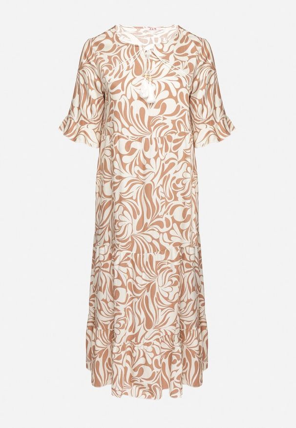 Born2be - Ciemnobeżowa Sukienka z Wiskozy o Prostym Kroju z Wiązaniem w Roślinny Wzór Edirania. Okazja: na co dzień. Typ kołnierza: dekolt w serek. Kolekcja: plus size. Kolor: beżowy. Wzór: aplikacja. Typ sukienki: proste. Materiał: wiskoza. Długość rękawa: krótki rękaw. Styl: klasyczny, casual, elegancki