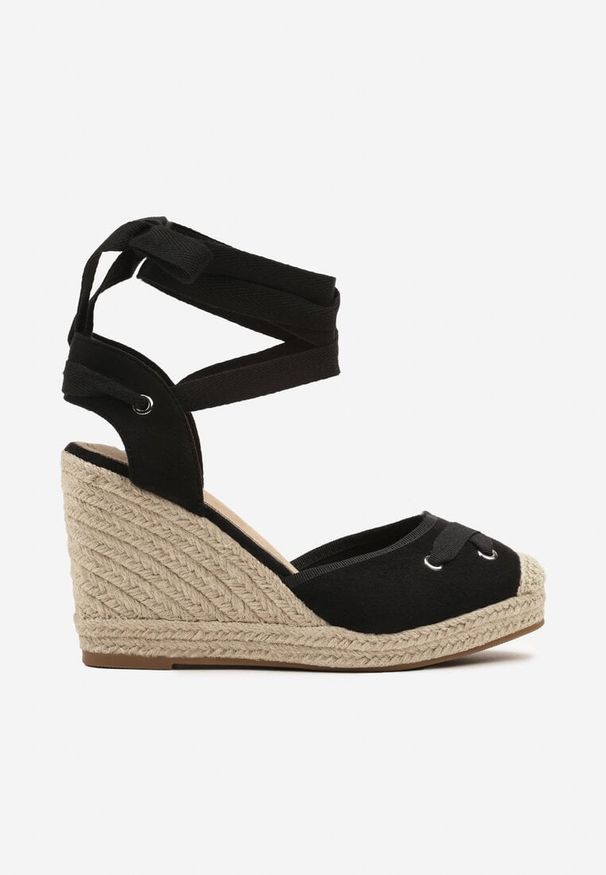 Renee - Czarne Sandały w Stylu Espadryli na Koturnie z Plecionki z Wiązaniem Alariel. Okazja: na co dzień. Kolor: czarny. Obcas: na koturnie. Styl: boho, elegancki, casual