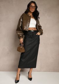 Renee - Czarna Ołówkowa Spódnica Midi High Waist z Ekoskóry Adaulfo. Stan: podwyższony. Kolor: czarny. Sezon: zima