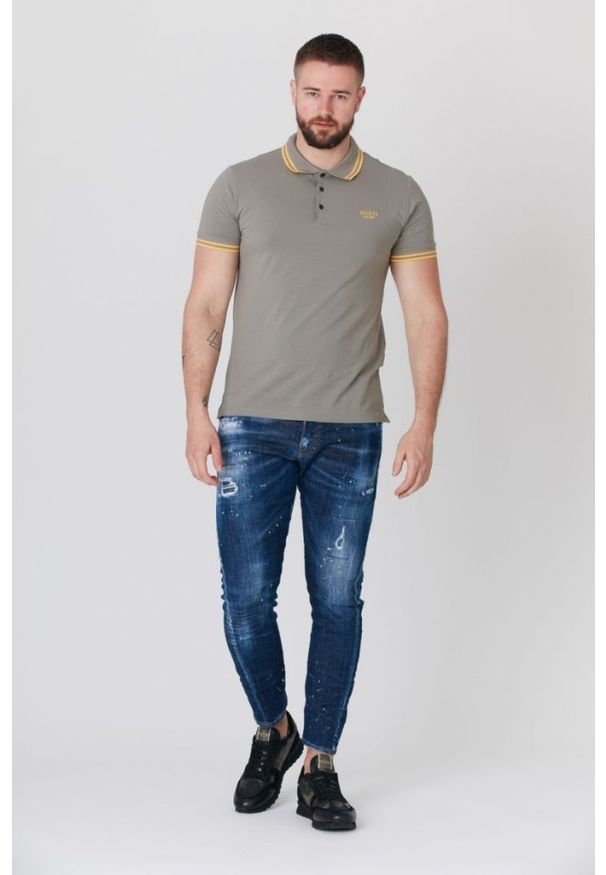 Guess - GUESS Khaki męska koszulka polo z wyszywanym logo, Rozmiar S. Typ kołnierza: polo. Kolor: zielony. Materiał: prążkowany. Długość rękawa: krótki rękaw