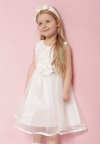 Born2be - Biała Tiulowa Sukienka w Stylu Princeski z Aplikacjami 3D Piwira. Okazja: na imprezę. Kolor: biały. Materiał: tiul. Wzór: aplikacja #3