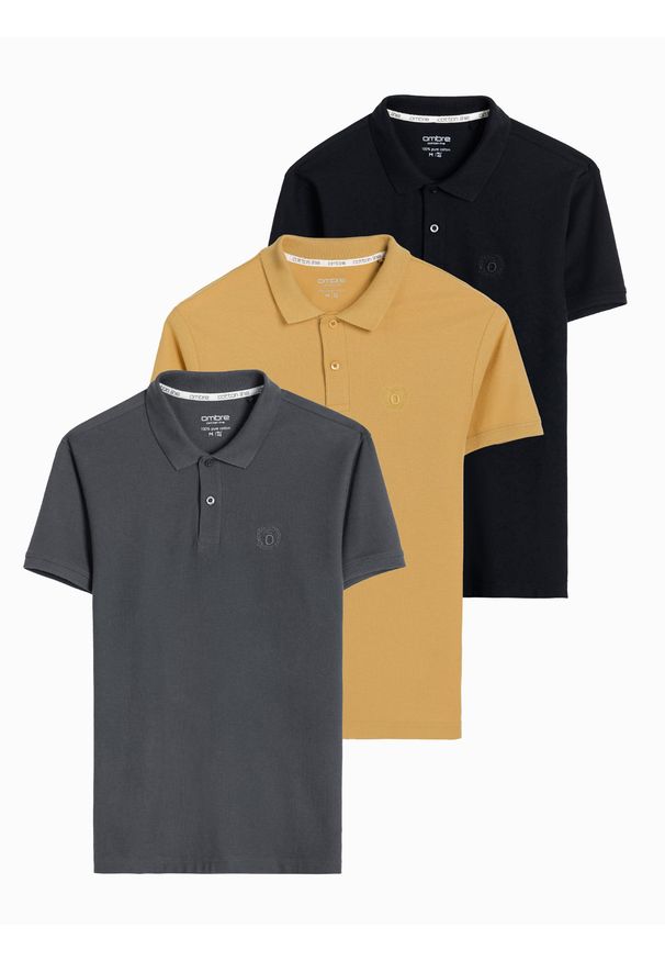 Ombre Clothing - Zestaw koszulek męskich polo z dzianiny pique 3-pak - mix V18 - Rozmiar: M. Okazja: na co dzień. Typ kołnierza: polo. Kolor: czarny. Materiał: dzianina. Wzór: haft, aplikacja. Sezon: wiosna, lato. Styl: klasyczny, sportowy, wizytowy, casual