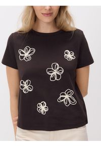 Reserved - T-shirt z kwiatową aplikacją - ciemnobrązowy. Kolor: brązowy. Materiał: dzianina, bawełna. Wzór: aplikacja, kwiaty
