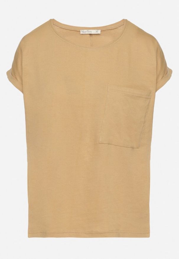 Born2be - Beżowy T-shirt z Bawełny Ozdobiony Kieszonką Ziarene. Okazja: na co dzień. Kolor: beżowy. Materiał: bawełna. Wzór: aplikacja. Styl: sportowy, casual