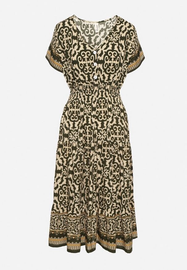 Born2be - Zielono-Beżowa Bawełniana Sukienka z Gumką w Talii i Guzikami Natiflione. Okazja: na co dzień. Typ kołnierza: dekolt w kształcie V. Kolor: zielony. Materiał: bawełna. Typ sukienki: rozkloszowane, oversize. Styl: klasyczny, casual, elegancki