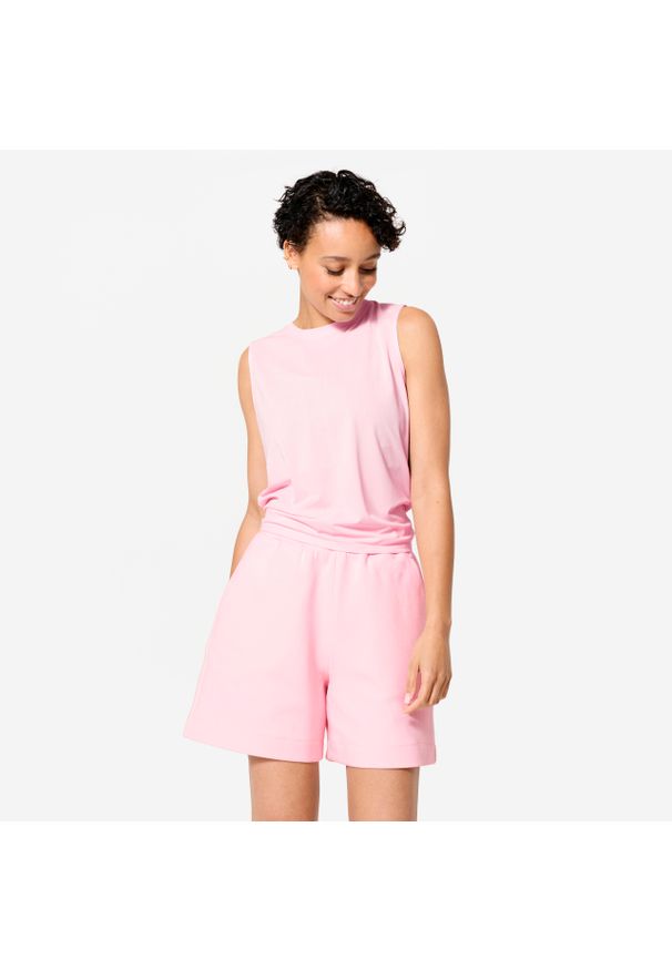 Decathlon - Koszulka fitness damska bez rękawów. Kolor: różowy. Materiał: poliester, materiał, elastan. Długość rękawa: bez rękawów. Sport: fitness