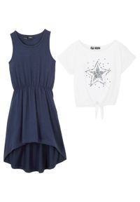 T-shirt dziewczęcy + sukienka (2 części), bawełna organiczna bonprix ciemnoniebiesko-biały. Kolor: niebieski. Materiał: bawełna. Wzór: aplikacja #4