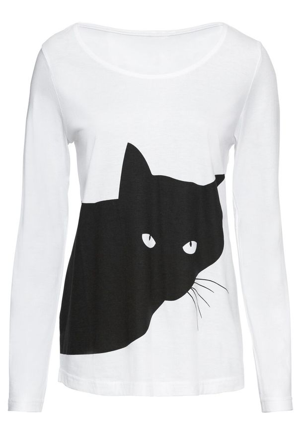 Shirt z długim rękawem i nadrukiem z motywem kota bonprix biało-czarny. Kolor: biały. Długość rękawa: długi rękaw. Długość: długie. Wzór: nadruk