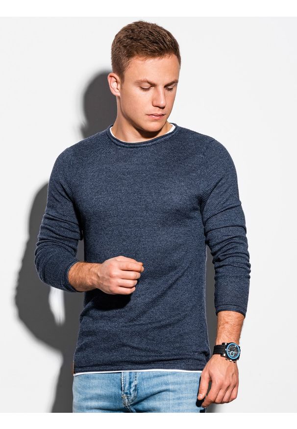 Ombre Clothing - Sweter męski - granatowy/melanżowy V3 E121 - XXL. Okazja: na co dzień. Kolor: niebieski. Materiał: bawełna. Wzór: melanż. Styl: klasyczny, casual, elegancki