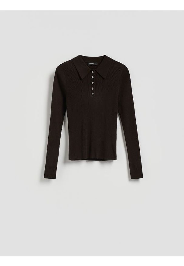 Reserved - Sweter polo z wełną - brązowy. Typ kołnierza: polo. Kolor: brązowy. Materiał: wełna