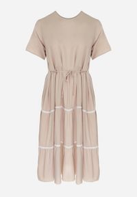 Born2be - Beżowa Rozkloszowana Sukienka Maxi Wiązana z Tyłu Zathia. Kolor: beżowy. Materiał: materiał. Wzór: ażurowy. Długość: maxi #4