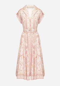 Born2be - Różowa Rozkloszowana Sukienka Koszulowa z Lnu i Wiskozy z Paskiem Alumera. Typ kołnierza: kołnierzyk klasyczny, dekolt w serek. Kolor: różowy. Materiał: len, wiskoza. Typ sukienki: koszulowe. Styl: klasyczny #6