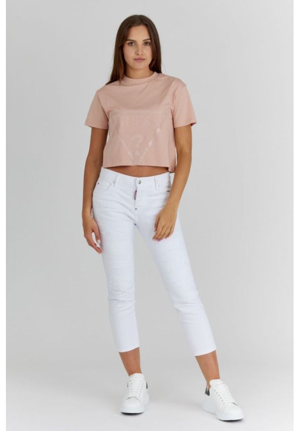 Guess - GUESS Krótki różowy t-shirt damski z logo, Rozmiar XS. Kolor: różowy. Materiał: bawełna. Długość: krótkie