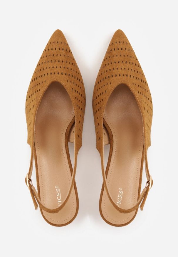 Renee - Brązowe Czółenka Slingback VICES na Kaczuszce z Ażurową Cholewką Klephei. Zapięcie: pasek. Kolor: brązowy. Materiał: jeans, skóra, koronka. Szerokość cholewki: normalna. Wzór: ażurowy. Obcas: na szpilce
