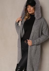 Renee - Szary Kardigan z Wełną Wiązany w Pasie z Kapturem z Odpinanym Futerkiem Besiyana. Okazja: na co dzień, na spacer. Typ kołnierza: kaptur. Kolor: szary. Materiał: wełna, futro. Wzór: aplikacja. Styl: casual, elegancki