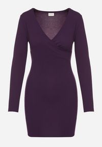 Born2be - Fioletowa Sukienka o Dopasowanym Kroju z Kopertowym Dekoltem Ermellia. Okazja: na randkę, na ślub cywilny, na wesele. Typ kołnierza: dekolt kopertowy. Kolor: fioletowy. Materiał: skóra. Długość rękawa: długi rękaw. Typ sukienki: kopertowe. Styl: glamour, klasyczny, elegancki #6