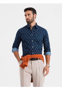 Ombre Clothing - Bawełniana koszula męska we wzory SLIM FIT - atramentowa V3. Kolor: niebieski. Materiał: bawełna. Styl: klasyczny #5