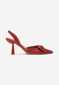 Born2be - Czerwone Brokatowe Czółenka na Obcasie z Odkrytą Piętą Ozdobione Kokardą Bramla. Okazja: do pracy, na spotkanie biznesowe. Kolor: czerwony. Wzór: aplikacja. Obcas: na obcasie. Styl: wizytowy, biznesowy, elegancki. Wysokość obcasa: średni #3