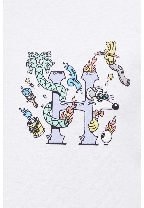 HUF - T-shirt bawełniany x Steven Harrington. Okazja: na co dzień. Kolor: biały. Materiał: bawełna. Wzór: nadruk. Styl: casual