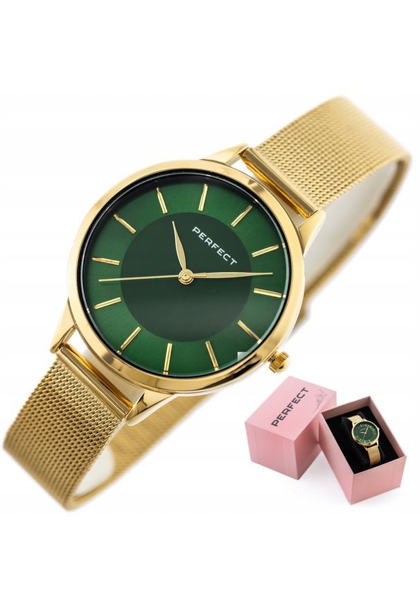 Zegarek Perfect ZEGAREK DAMSKI PERFECT MARIE klasyczny złoty mesh + PUDEŁKO + GRAWER. Kolor: złoty. Materiał: mesh. Styl: klasyczny