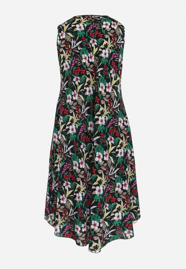 Born2be - Czarno-Zielona Sukienka Midi z Okrągłym Dekoltem i Printem w Kwiaty Eleanes. Kolor: czarny. Materiał: tkanina. Wzór: nadruk, kwiaty. Styl: klasyczny. Długość: midi