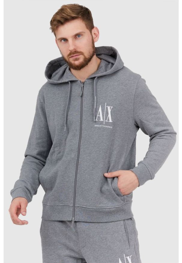 Armani Exchange - ARMANI EXCHANGE Szara bluza męska z kapturem na zamek, Rozmiar S. Typ kołnierza: kaptur. Kolor: szary