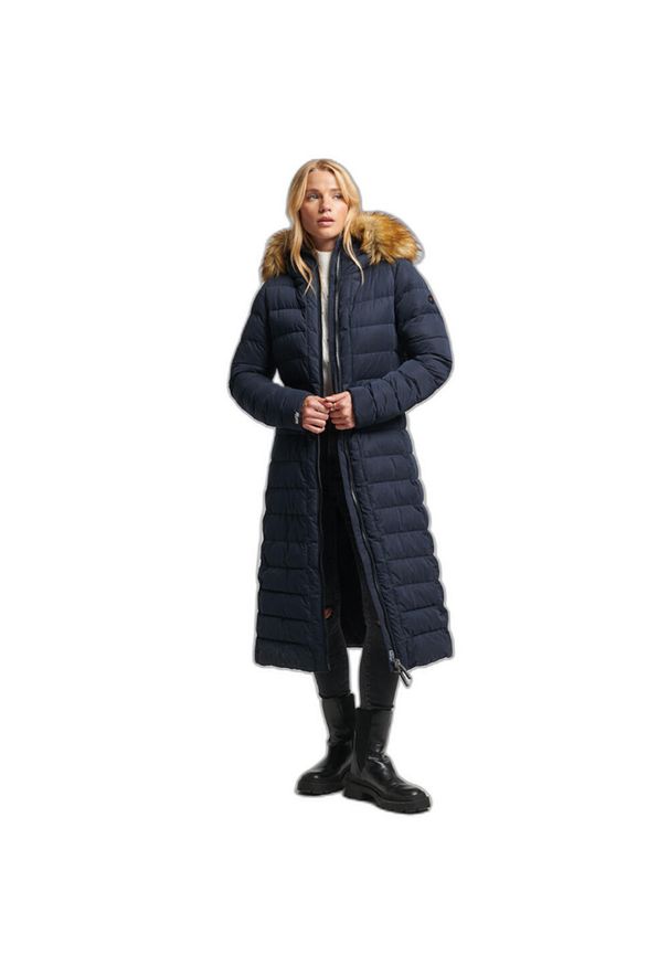 Damska długa kurtka Superdry Arctic. Kolor: niebieski. Materiał: puch. Długość rękawa: długi rękaw. Długość: długie