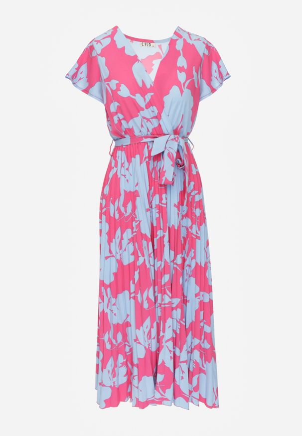 Renee - Różowo-Niebieska Kopertowa Plisowana Sukienka Koktajlowa z Gumką i Paskiem w Talii Benelsea. Typ kołnierza: dekolt w kształcie V. Kolor: różowy. Materiał: materiał. Typ sukienki: kopertowe. Styl: wizytowy