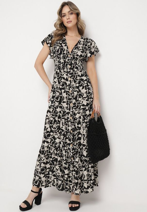 Born2be - Czarno-Beżowa Sukienka Maxi w Kwiaty z Falowanymi Rękawkami i Gumką w Talii Mulanitti. Kolor: czarny. Długość rękawa: krótki rękaw. Wzór: kwiaty. Sezon: lato. Długość: maxi