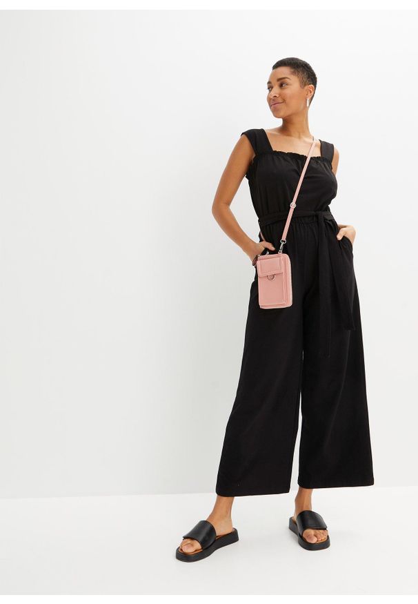 bonprix - Kombinezon z dżerseju z mieszanki bawełny. Kolor: czarny. Materiał: jersey, bawełna. Długość rękawa: na ramiączkach