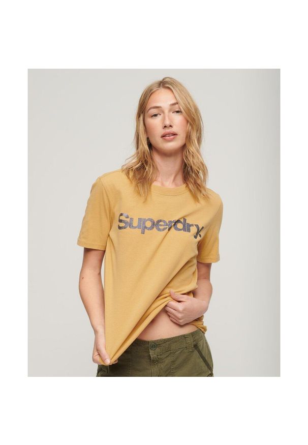 Superdry - Koszulka z metalicznym logo. Kolor: żółty. Materiał: bawełna