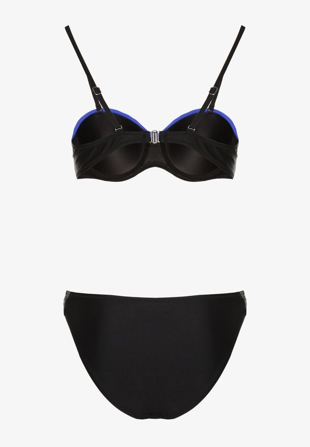 Born2be - Niebiesko-Czarne Bikini Figi i Usztywniany Biustonosz Ozdobiony Metaliczną Nicią Artellia. Kolor: niebieski. Wzór: aplikacja
